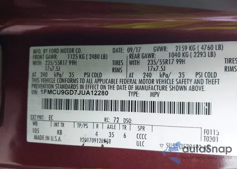 2018 Ford Escape Se z USA, uszkodzony, nr VIN 1FMCU9GD7JUA12280